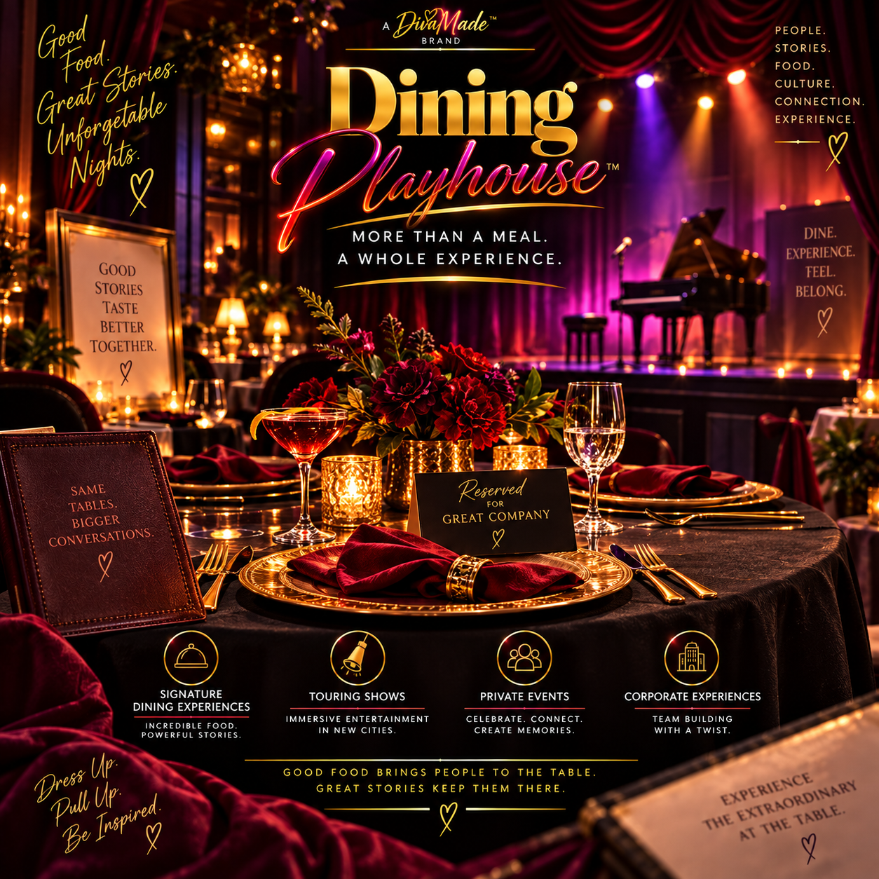 Dining Playhouse promotional artwork with a velvet-curtained stage and elegant candlelit dining tables