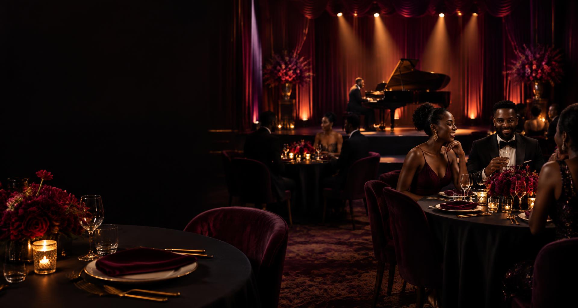 Black guests sharing an elegant dinner beside a candlelit theater stage
